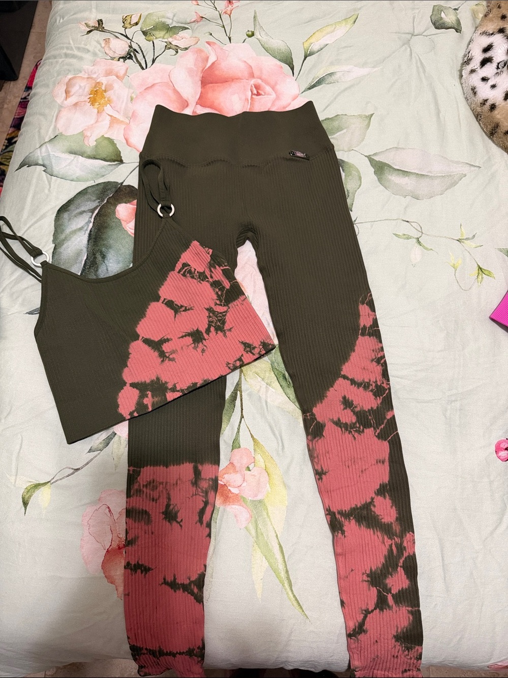 Bombshell Sportswear Olive & Coral Tie-Dye Ribbed Leggings Set